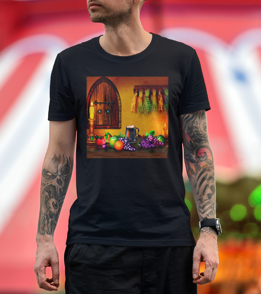 Fruit On The Table DreamE Rustic Candlelit Scene with Grapes and Herbs T-Shirt
