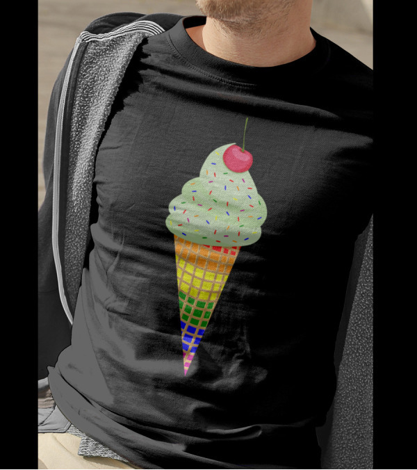 Colorful Rainbow Ice Cream Cone With Cherry And Sprinkles T-Shirt