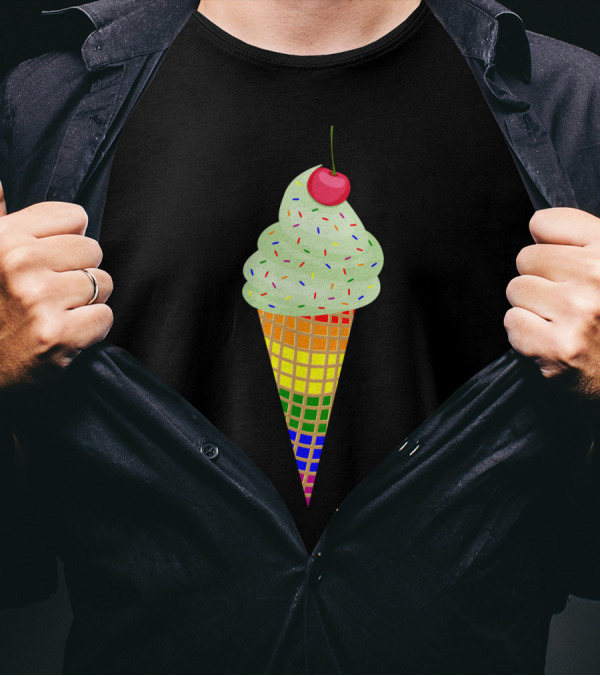 Colorful Rainbow Ice Cream Cone With Cherry And Sprinkles T-Shirt