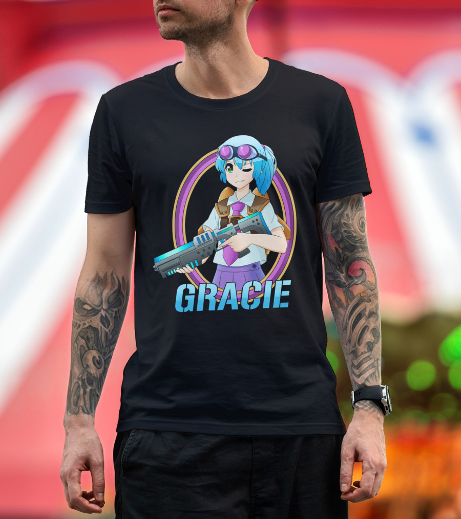 GRACIE Anime Girl with Blue Hair and Laser Gun T-Shirt