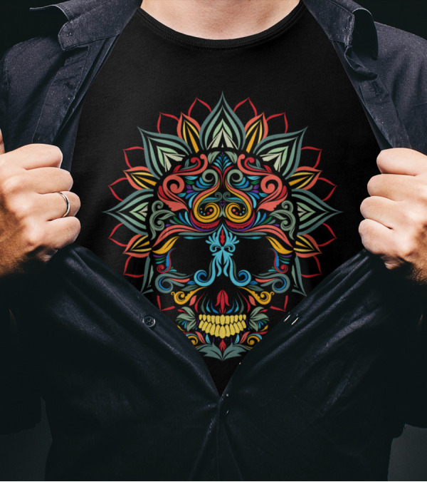 Full Color Skull Ornamental Vibrant Floral Mandala T-Shirt