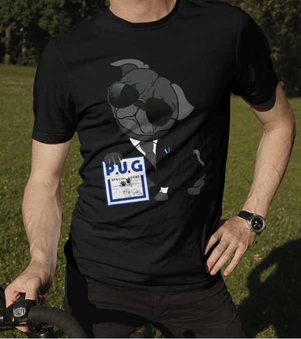 Agent P.U.G Special Agent Secretive Dog In Suit With Sunglasses Holding Badge T-Shirt
