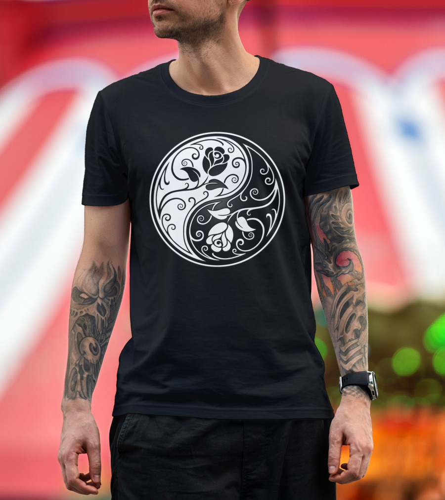 White and Black Yin Yang Floral Pattern with Roses T-Shirt