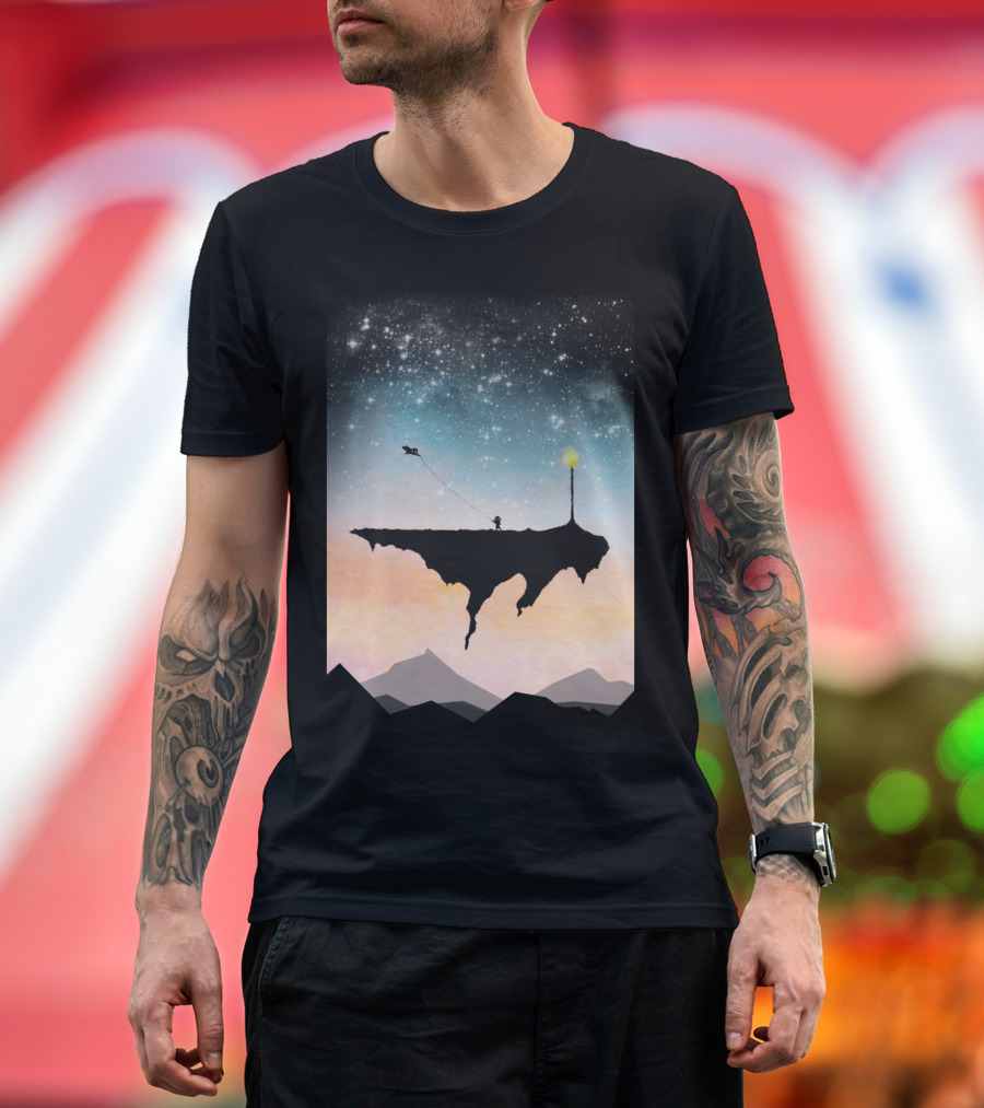 Starry Night Walk with Floating Island in Space T-Shirt