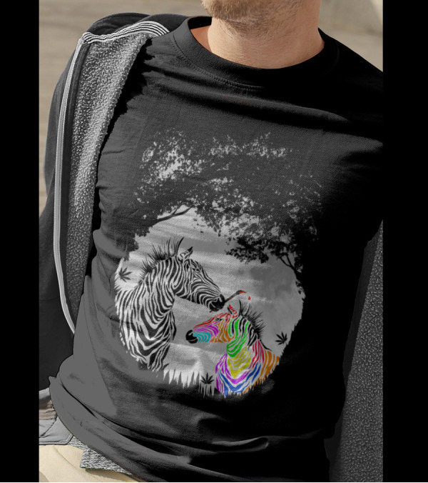 Colorful Zebra Under Tree With Black And White Zebra T-Shirt