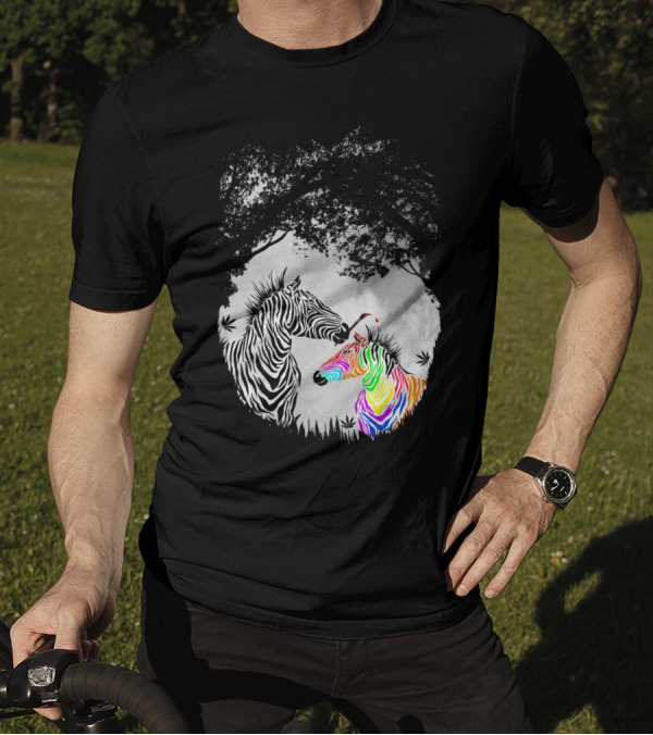 Colorful Zebra Under Tree With Black And White Zebra T-Shirt
