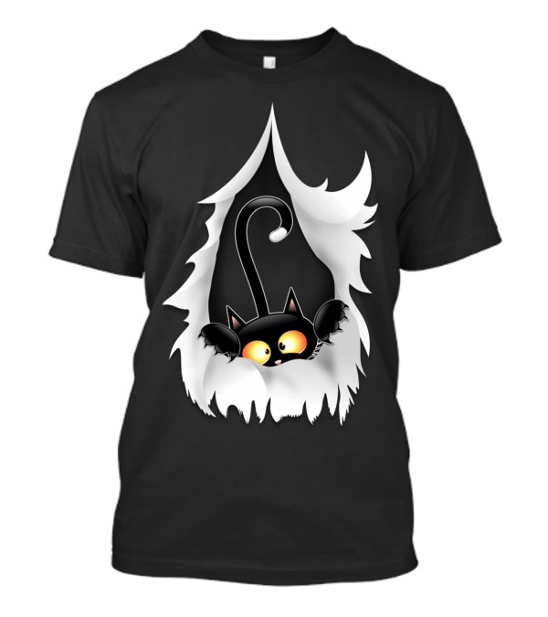 Fun Cartoon Cat Peeking Through Ripped Fabric T-Shirt