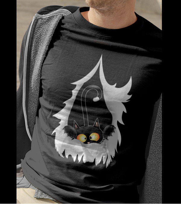 Fun Cartoon Cat Peeking Through Ripped Fabric T-Shirt