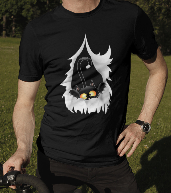 Fun Cartoon Cat Peeking Through Ripped Fabric T-Shirt
