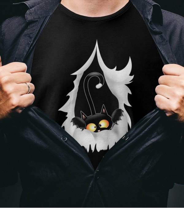 Fun Cartoon Cat Peeking Through Ripped Fabric T-Shirt