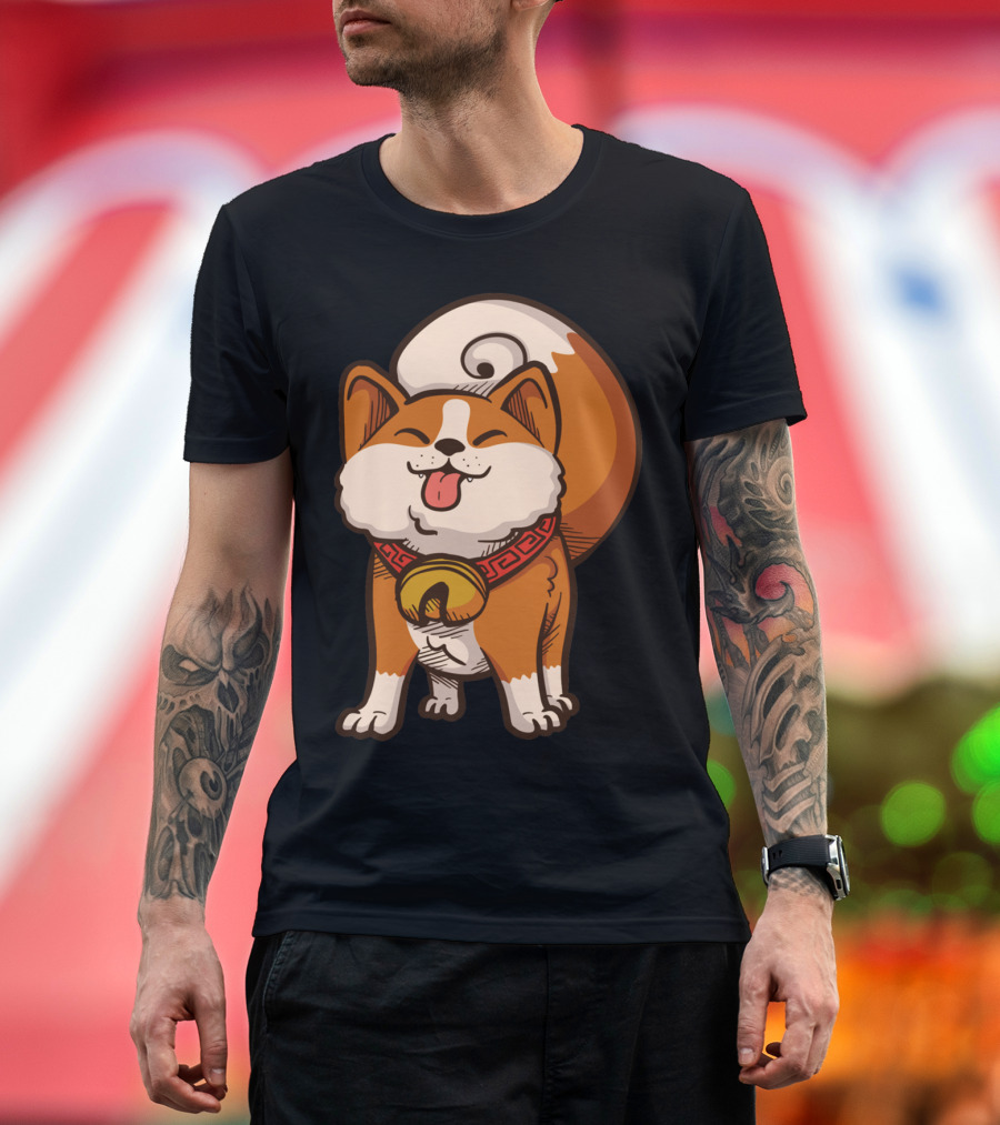 Funny Bony Dog Cute Shiba Inu with Tongue Out and Lucky Bell Collar T-Shirt