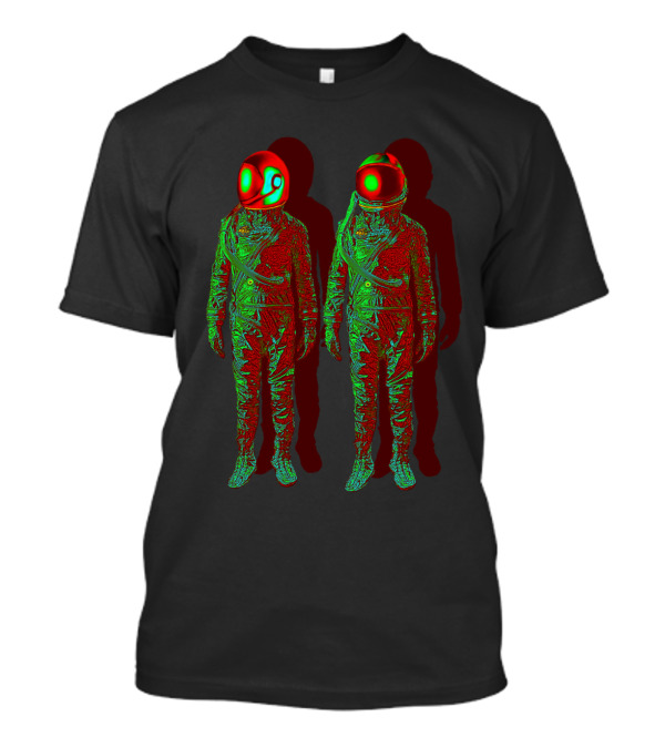 Red And Green Astronauts In The Shadow With Yin Yang Helmet Reflection T-Shirt