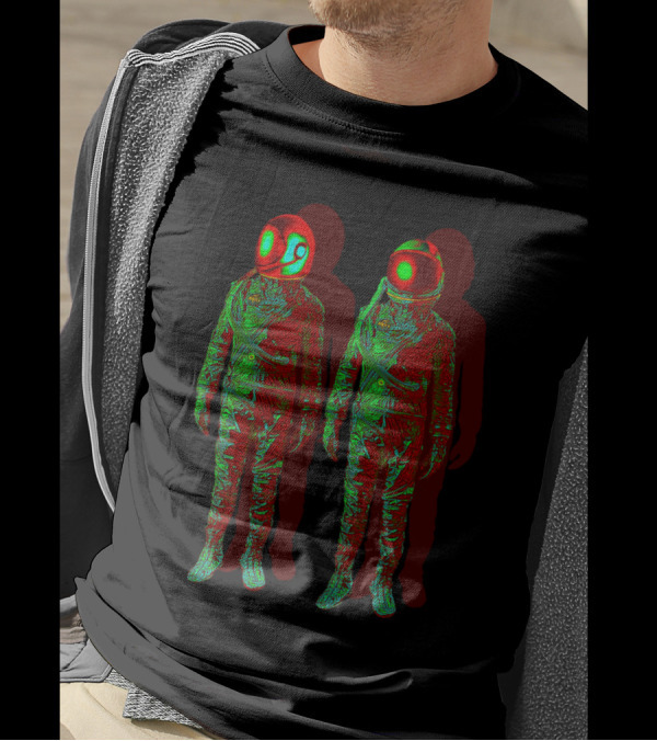 Red And Green Astronauts In The Shadow With Yin Yang Helmet Reflection T-Shirt