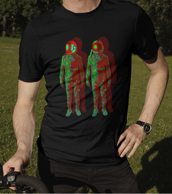 Red And Green Astronauts In The Shadow With Yin Yang Helmet Reflection T-Shirt