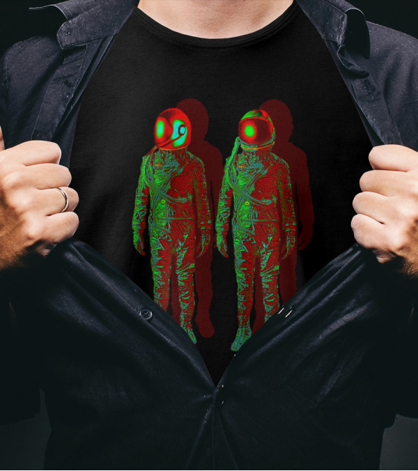 Red And Green Astronauts In The Shadow With Yin Yang Helmet Reflection T-Shirt