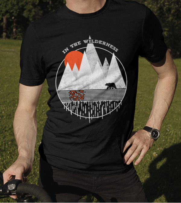 In The Wilderness Bear And Mountain Landscape With Red Sun T-Shirt