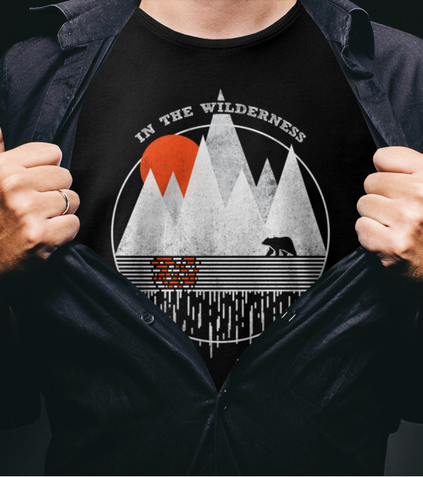 In The Wilderness Bear And Mountain Landscape With Red Sun T-Shirt