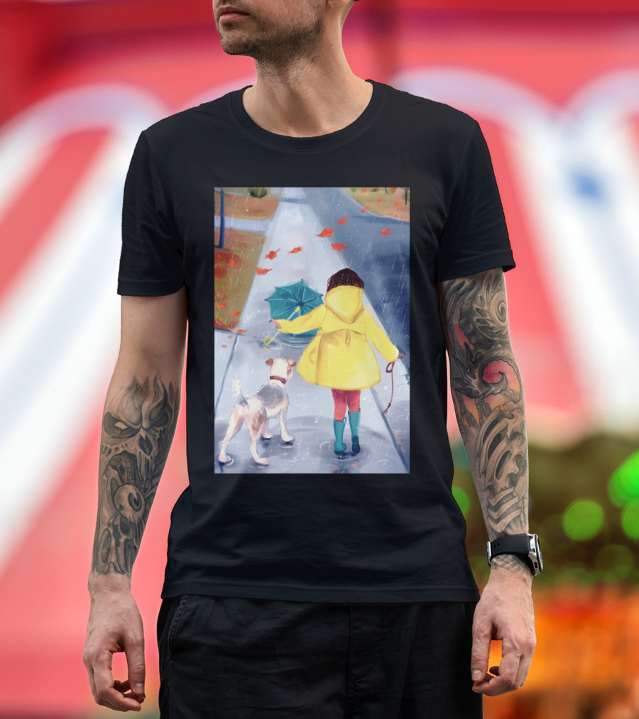 Rainy Walk with Dog and Yellow Raincoat Umbrella T-Shirt