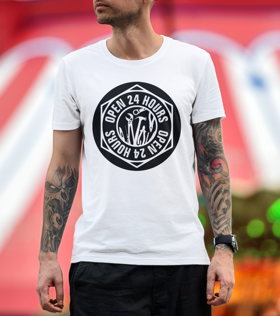 24 Hours Open Mechanic Tools Emblem T-Shirt