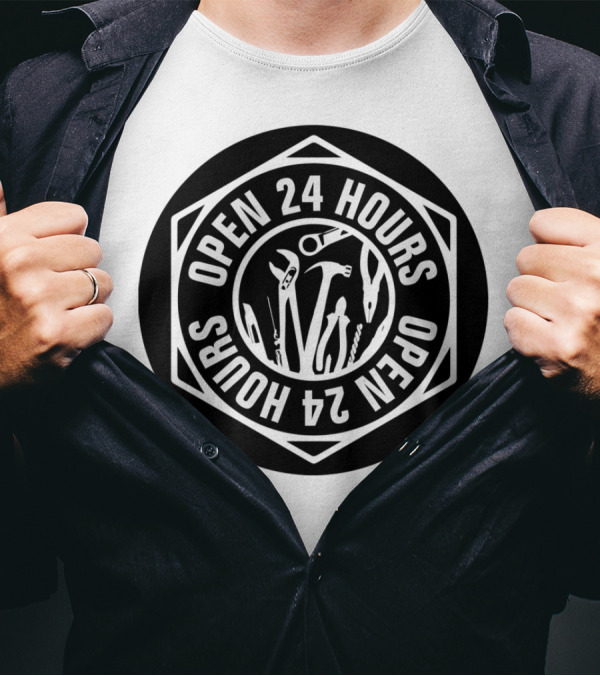 24 Hours Open Mechanic Tools Emblem T-Shirt