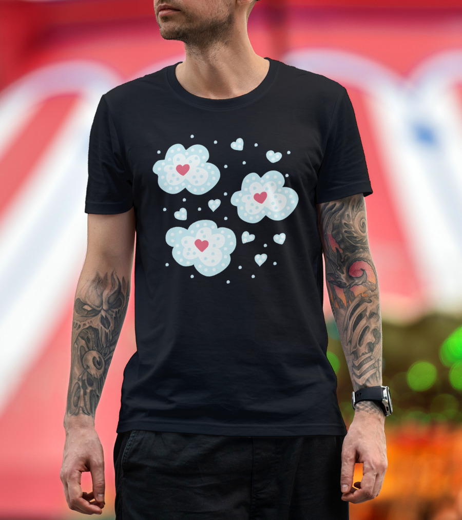 Winter Hearts Snowy Clouds Pattern With Red Hearts T-Shirt