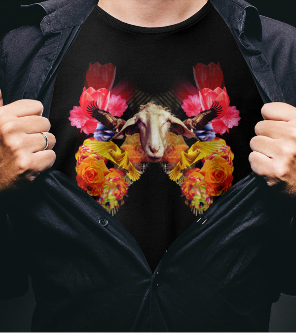 Dopey Sheep Surrounded By Vibrant Flowers And Birds T-Shirt