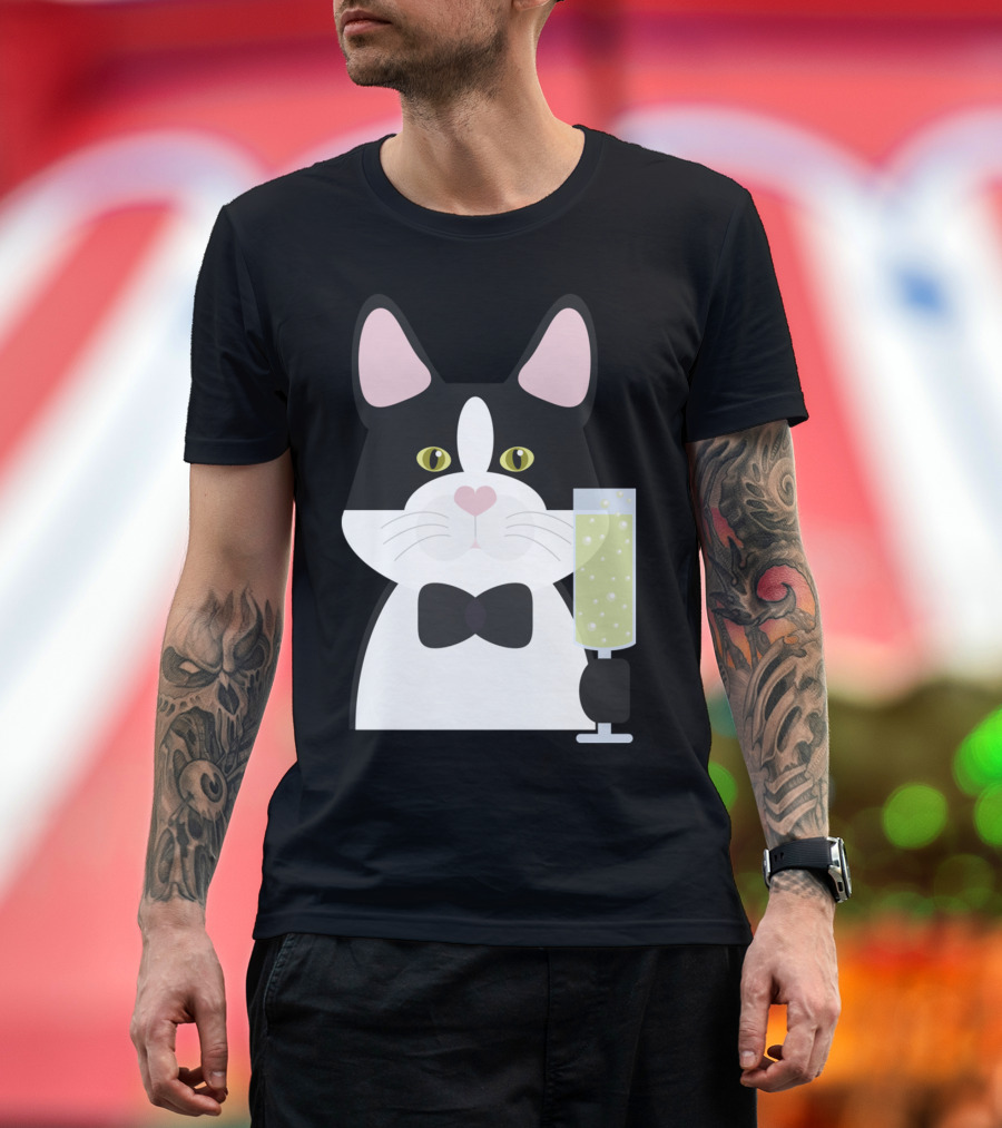 Fancy Black Cat with Bow Tie and Champagne Glass T-Shirt