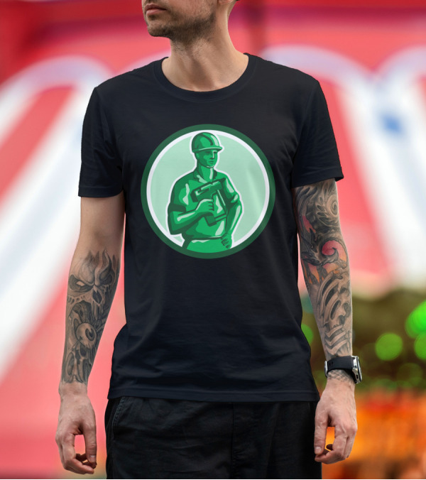 Premium T-Shirt: Green Construction Worker Holding Nailgun in Circular T-Shirt Green Construction Worker Holding Nailgun in Circular T-Shirt