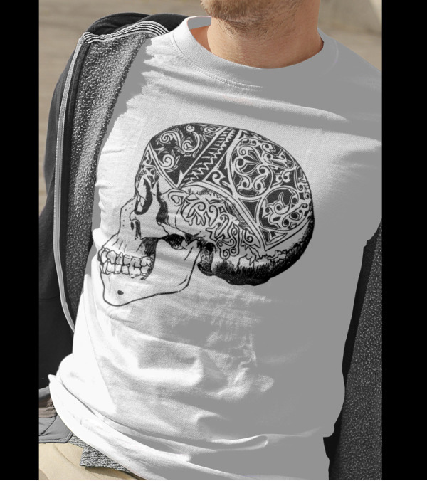 Patterned Skull Profile Tribal Motif T-Shirt