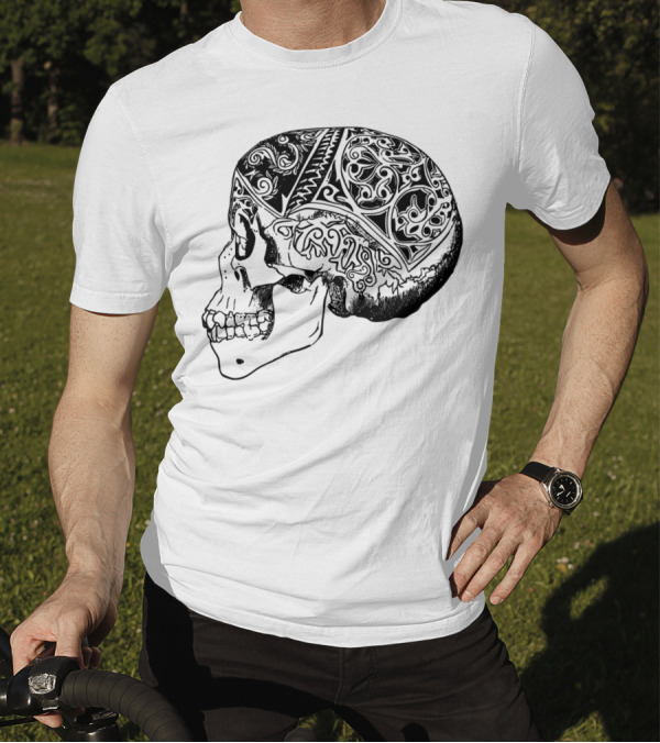 Patterned Skull Profile Tribal Motif T-Shirt