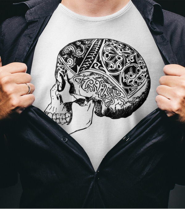 Patterned Skull Profile Tribal Motif T-Shirt