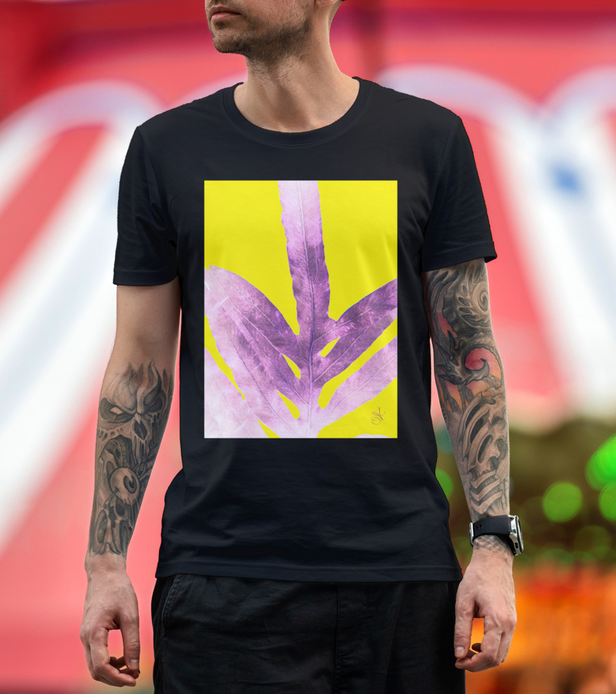 Green Fern Purple Leaf on Bright Yellow Background T-Shirt