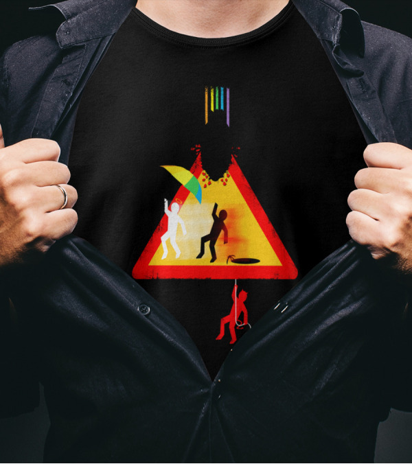 Beware Of Falling Object People Umbrella Bomb Rope Symbol Warning T-Shirt