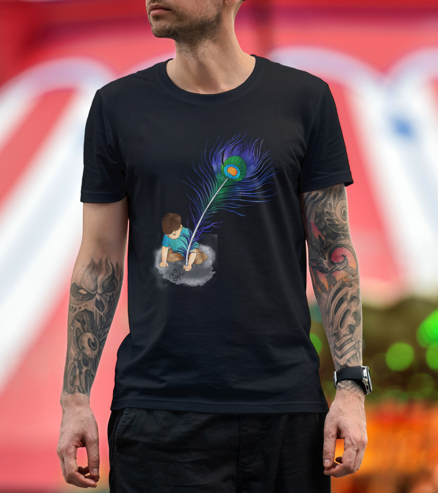 Wish You Were Here Encounter with Enormous Peacock Feather and Child Drawing T-Shirt