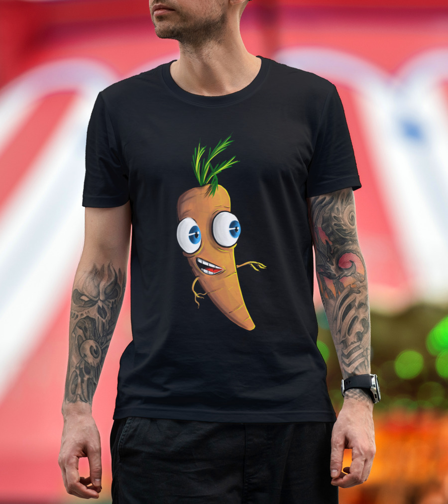 Carrot Cartoon Character with Big Eyes and Green Leaves T-Shirt