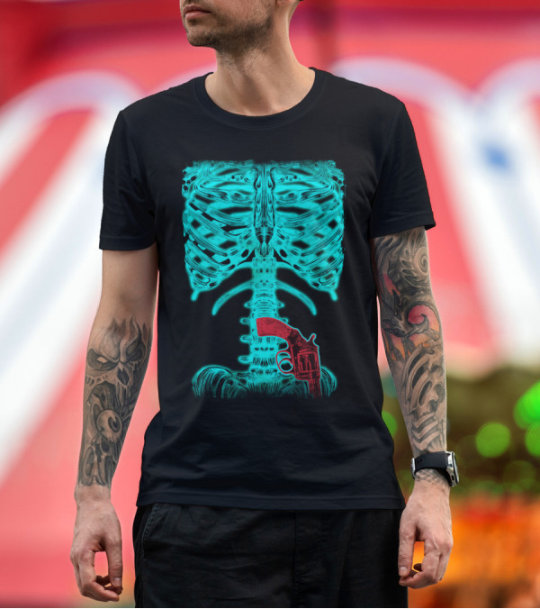 Premium T-Shirt: Human Xray Skeleton with Red Gun T-Shirt Human Xray Skeleton with Red Gun T-Shirt