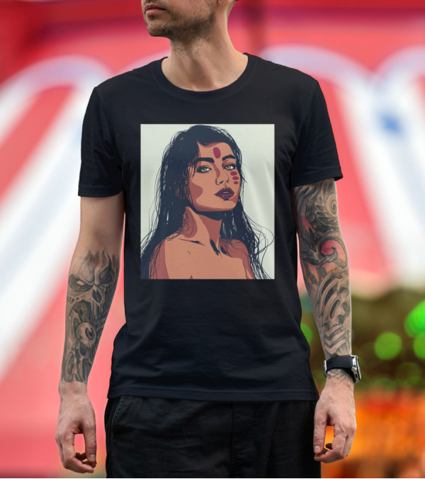 Premium T-Shirt: Indienne Pop Art Portrait with Tribal Red Marks T-Shirt Indienne Pop Art Portrait with Tribal Red Marks T-Shirt