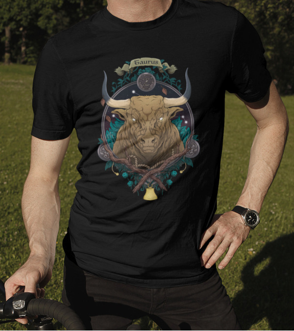 Taurus Zodiac Bull With Cosmic Background And Floral Accents T-Shirt