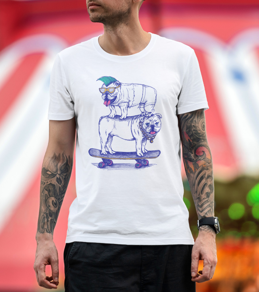 Double Dog Dare Stack with Neon Punk Bulldogs on Skateboard T-Shirt