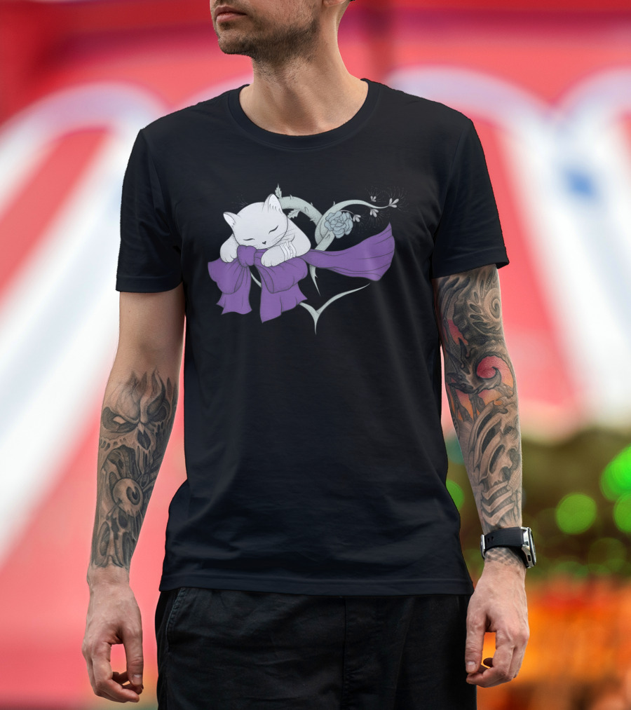Sleeping Cat with Purple Ribbon and Floral Heart T-Shirt