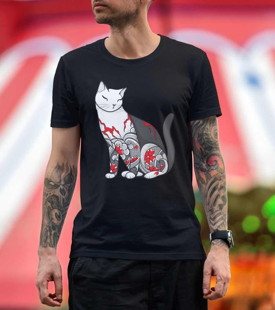 Cat Yin Yang Cherry Blossom Tattoo T-Shirt