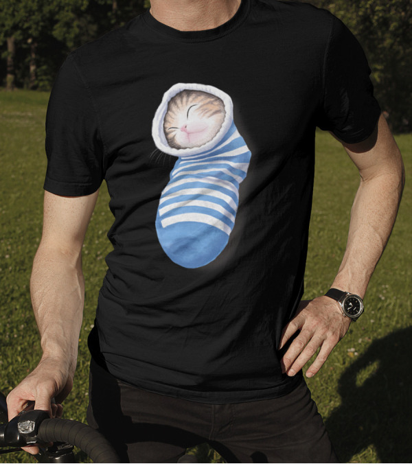 Cat In The Sock Sleeping Striped Blue Zzz T-Shirt