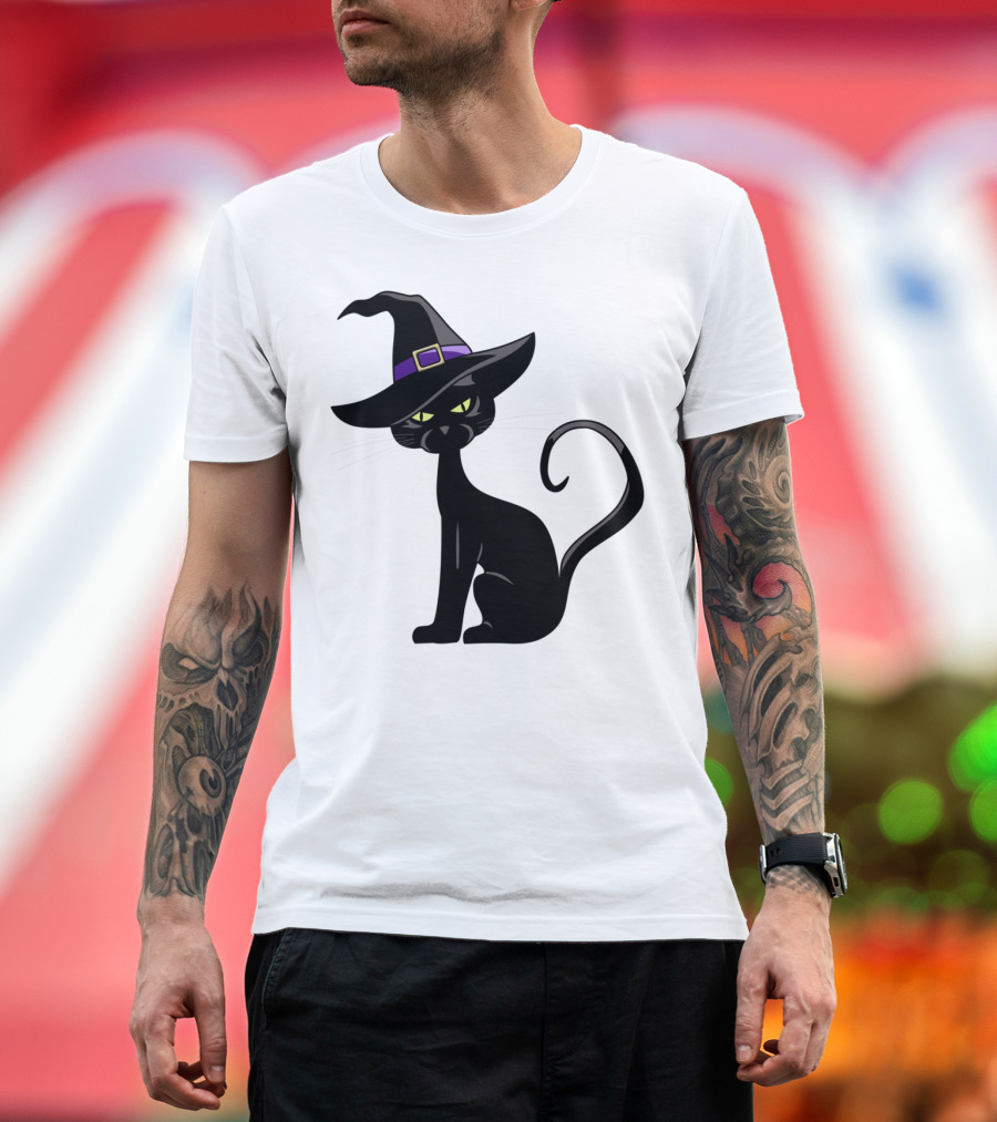 Black Cat With Purple Witch Hat T-Shirt