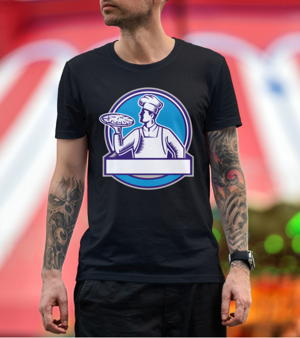 Premium T-Shirt: Pizza Chef Serving Pizza Circle Blue Woodcut T-Shirt Pizza Chef Serving Pizza Circle Blue Woodcut T-Shirt