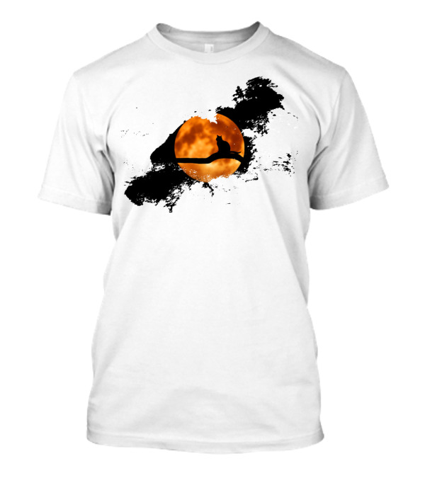 Cat Perched Against Orange Moonlit Sky T-Shirt