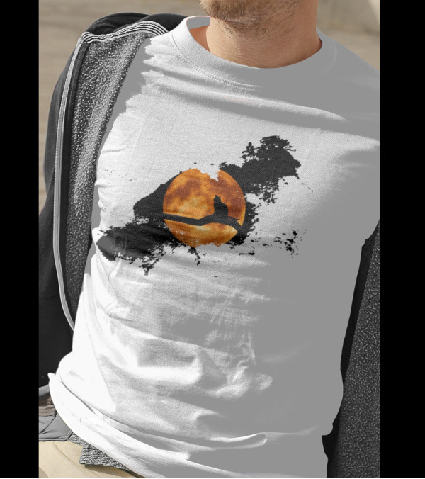 Cat Perched Against Orange Moonlit Sky T-Shirt