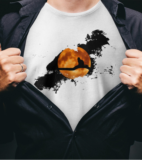 Cat Perched Against Orange Moonlit Sky T-Shirt