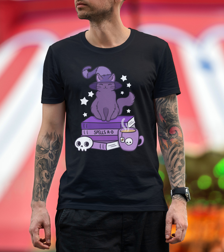 Feline Familiar Witch Cat with Spells A-D Books and Skull Mug T-Shirt