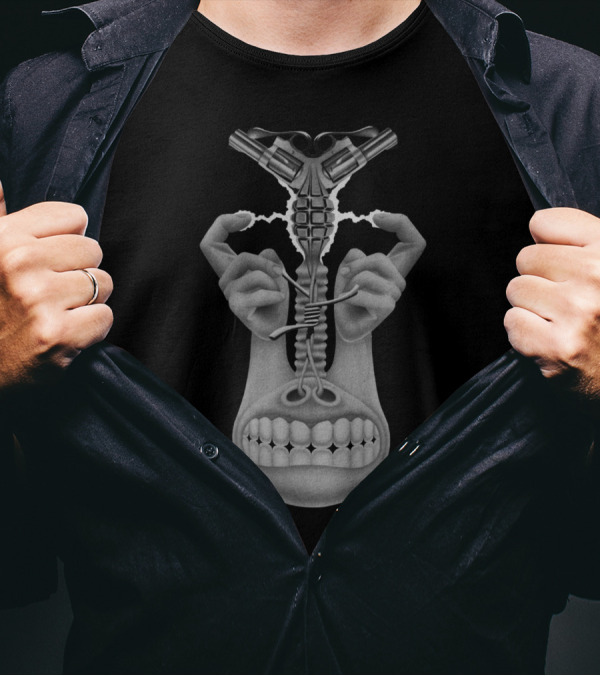 Grin Shocker Electric Gun Teeth Zipper Hands T-Shirt