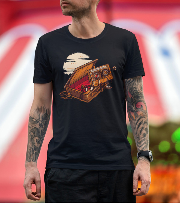Premium T-Shirt: Dead Man Walkmann Retro Cassette Tape in Coffin Under Moonlight T-Shirt Dead Man Walkmann Retro Cassette Tape in Coffin Under Moonlight T-Shirt